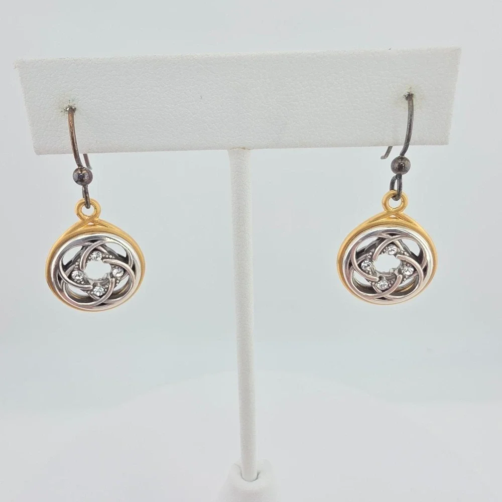 BRIGHTON Celtic Dara Knot Earrings Crystal Accents Silver & Gold Plate 1.5